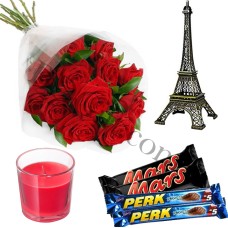 (36) Red roses W/ chocolates, candle & eiffel tower