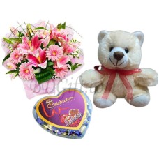 (60) Lily, Gerbera & Carnation in bouquet W/chocolate & Bear