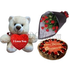 (69) Cooper's- 2.2 pound black forest cake W/ 12 pcs Roses & Love Bear