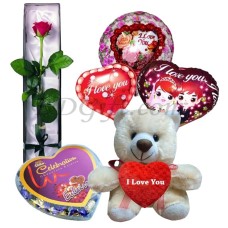 Bear W/ Rose, Chocolate & Balloons