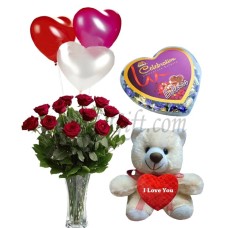 Bear W/ Roses in a vase, Chocolate & Balloons