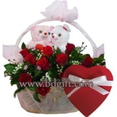 2 dozen red roses in basket W/ Twin Bear & chocolate