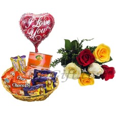 Chocolates basket W/ Mixed Roses & Love Balloon