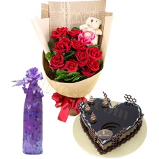 (29) Flower bouquet with cake and bottle message