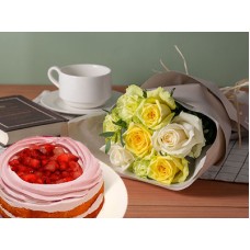 Strawberry whole cake & Frill Bouquet White&Yellow