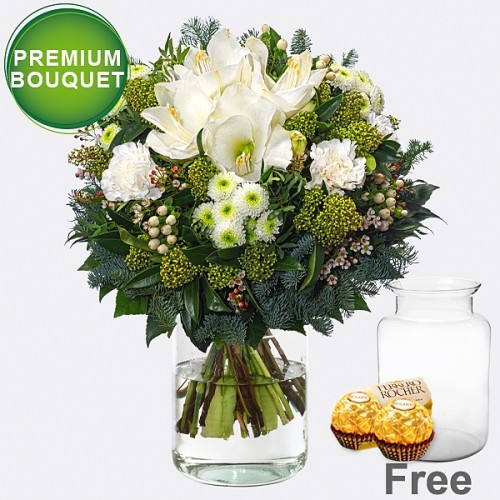 Premium Bouquet Winterherz with premium vase & vase & 2 Ferrero Rocher