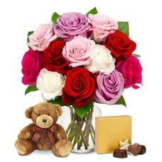 One Dozen Assorted Sweetheart Roses with Chocolates & Bear