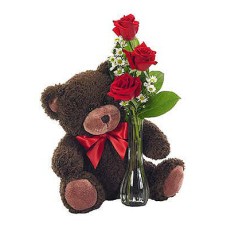 Classic Bud Vase Roses with Bear