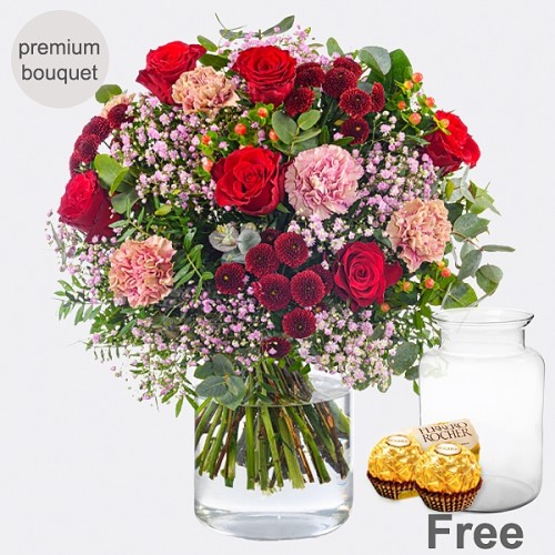 Premium Bouquet Liebesfeuer with premium vase & 2 Ferrero Rocher