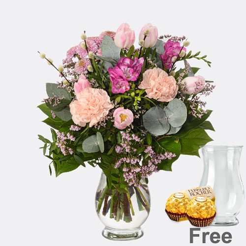 Bouquet of spring fairy flowers with vase & 2 Ferrero Rocher
