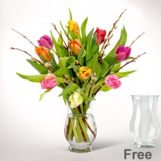 10 Parrot tulips with willow catkins with vase