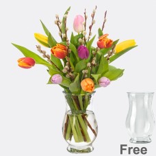 10 tulips with pussy willows with vase