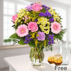 Flower Bouquet Spring Greetings with vase & 2 Ferrero Rocher