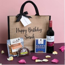 Personalised Happy Birthday Red Wine Treats Jute Bag