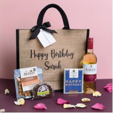 Personalised Happy Birthday White Wine Treats Jute Bag