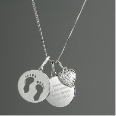 Personalised Sterling Silver Footprints and Cubic Zirconia Heart Necklace