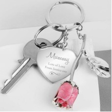 Personalised Silver Plated Swirls & Hearts Pink Rose Keyring