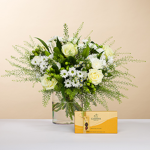 Simply White Valentine's Bouquet & Godiva Chocolates