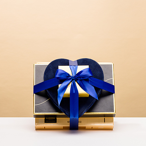 Godiva gift tower with blue velvet heart