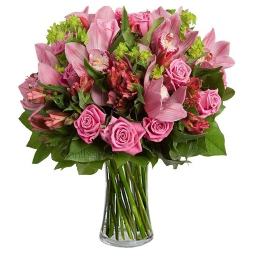 Danae with pink orchids and roses