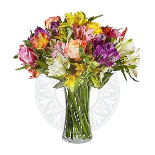Colorful bouquet of roses and alstroemerias