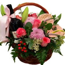 Beautiful Flowers In Basket With Wine (large)