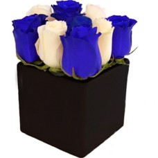 Blue And White Roses In Ceramic Cube (small)