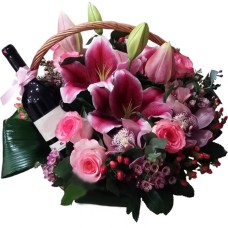 Basket With Fuchsia Flowers And Wine (small)