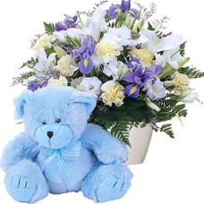 Ceramic Pot With Flowers And Teddy For Boy (large)