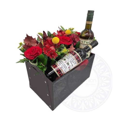 Black Leather box with flowers and wines