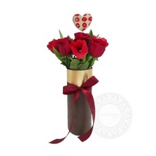 Special vase with red roses and tulips