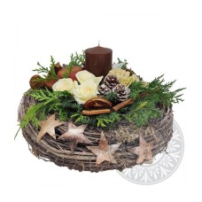 Wooden centerpiece with candle and stars