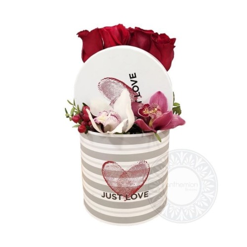Just love gift box with roses and orchids