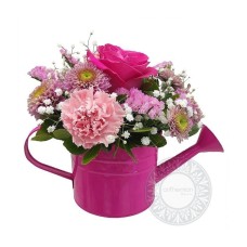 Fuchsia and pink flowers in watering can