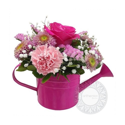 Fuchsia and pink flowers in watering can