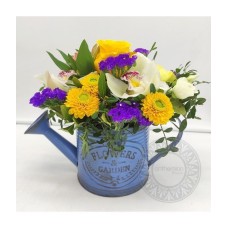 Watering can with flowers in blue-yellow