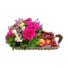 Basket arrangement with seasonal flowers and fruits (Special)