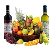 Exotic fruits and 2 bottles of wine in a basket (Basic)