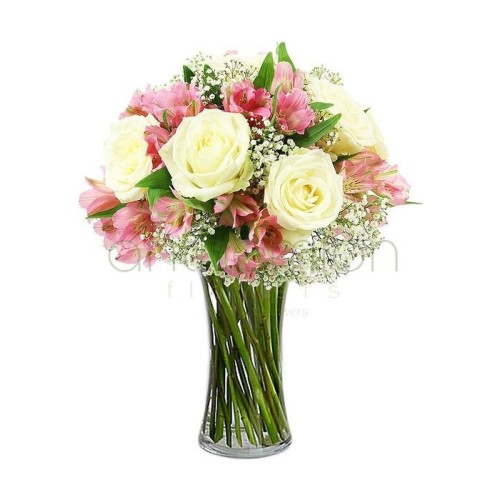 Adele white roses, pink alstroemerias (Basic)