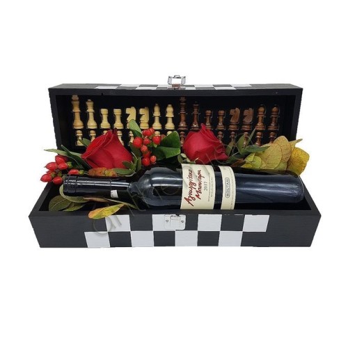 Chess board with flowers and wine