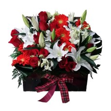 Red, white and orange flowers in wooden chest (Basic)