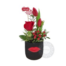 Rose and tulips in a black beauty
