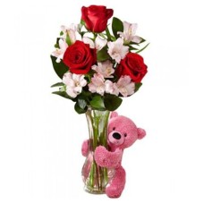 Glass vase with alstromerias, roses and teddy bear (Basic)