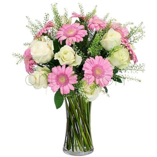 Ismene with white roses and pink gerberas (Basic)