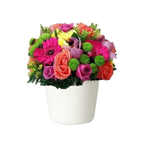 Ceramic pot with colorful flowers