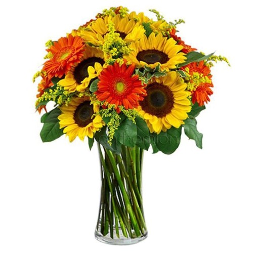 Bouquet of sunflowers, solidago and gerberas (Basic)
