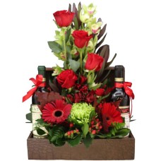 Leather Chest With One Bottles Of Wine And Flowers