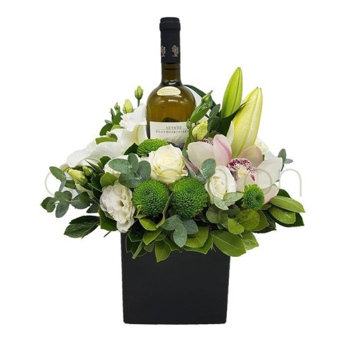 Flowers and wine in black cube (Basic)