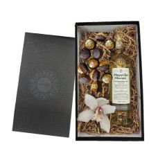 Gift box with chocolates and white wine