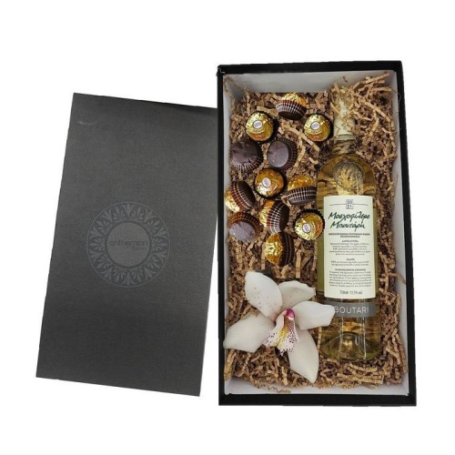 Gift box with chocolates and white wine
